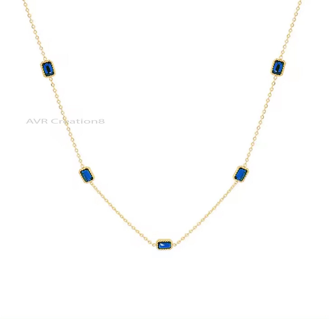 Emerald Cut Blue Sapphire Station Pendant Necklace, Bezel Set Pendant, Blue Gemstone Pendant, 925 Sterling Silver, Gifts For Girlfriend