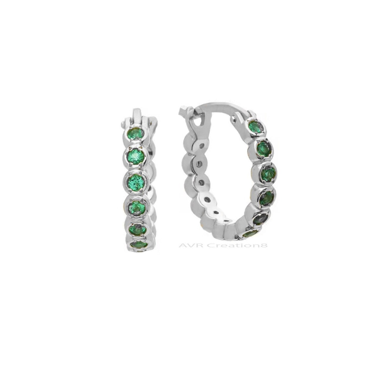 Green Emerald Round Cut Hoop Huggie Earrings, Bezel Set Hoop Earring, May Birthstone Birthday Gifts, 925 Sterling Silver, Earrings For Her