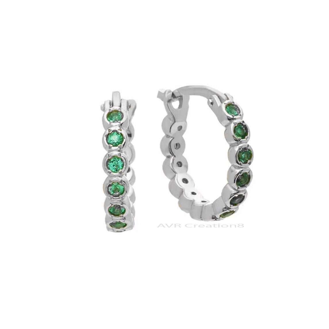 Green Emerald Round Cut Hoop Huggie Earrings, Bezel Set Hoop Earring, May Birthstone Birthday Gifts, 925 Sterling Silver, Earrings For Her