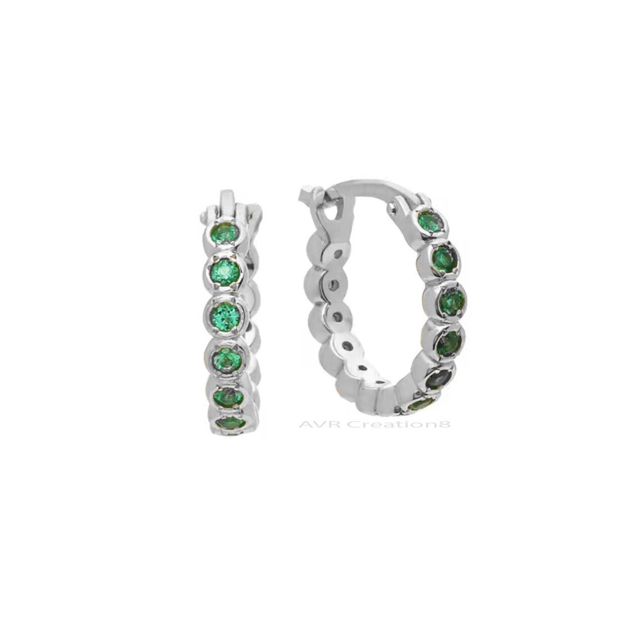 Green Emerald Round Cut Hoop Huggie Earrings, Bezel Set Hoop Earring, May Birthstone Birthday Gifts, 925 Sterling Silver, Earrings For Her