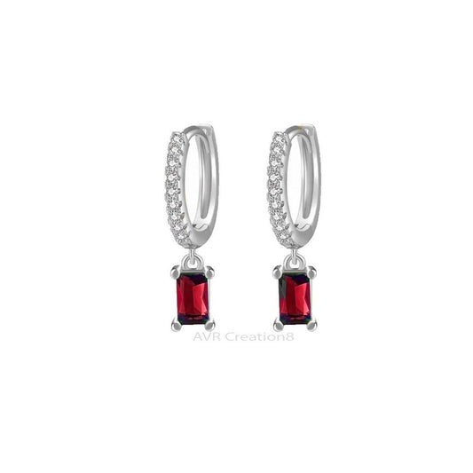 Red Ruby & Diamond Drop Dangle Earrings, Red Stone Earrings, Women Minimalist Earrings, 14K White Gold Plated, Mother's Day Gifts For Mom