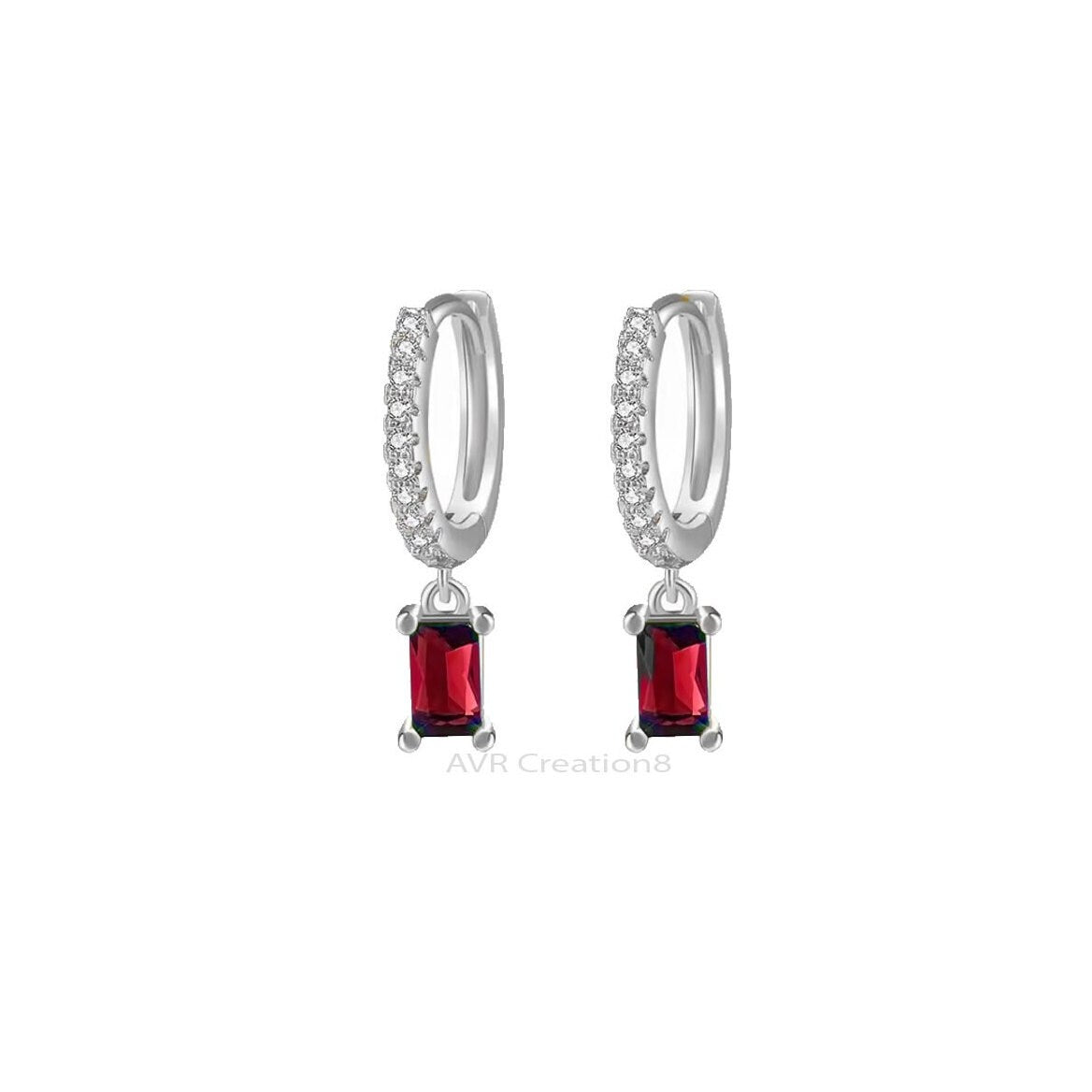 Red Ruby & Diamond Drop Dangle Earrings, Red Stone Earrings, Women Minimalist Earrings, 14K White Gold Plated, Mother's Day Gifts For Mom
