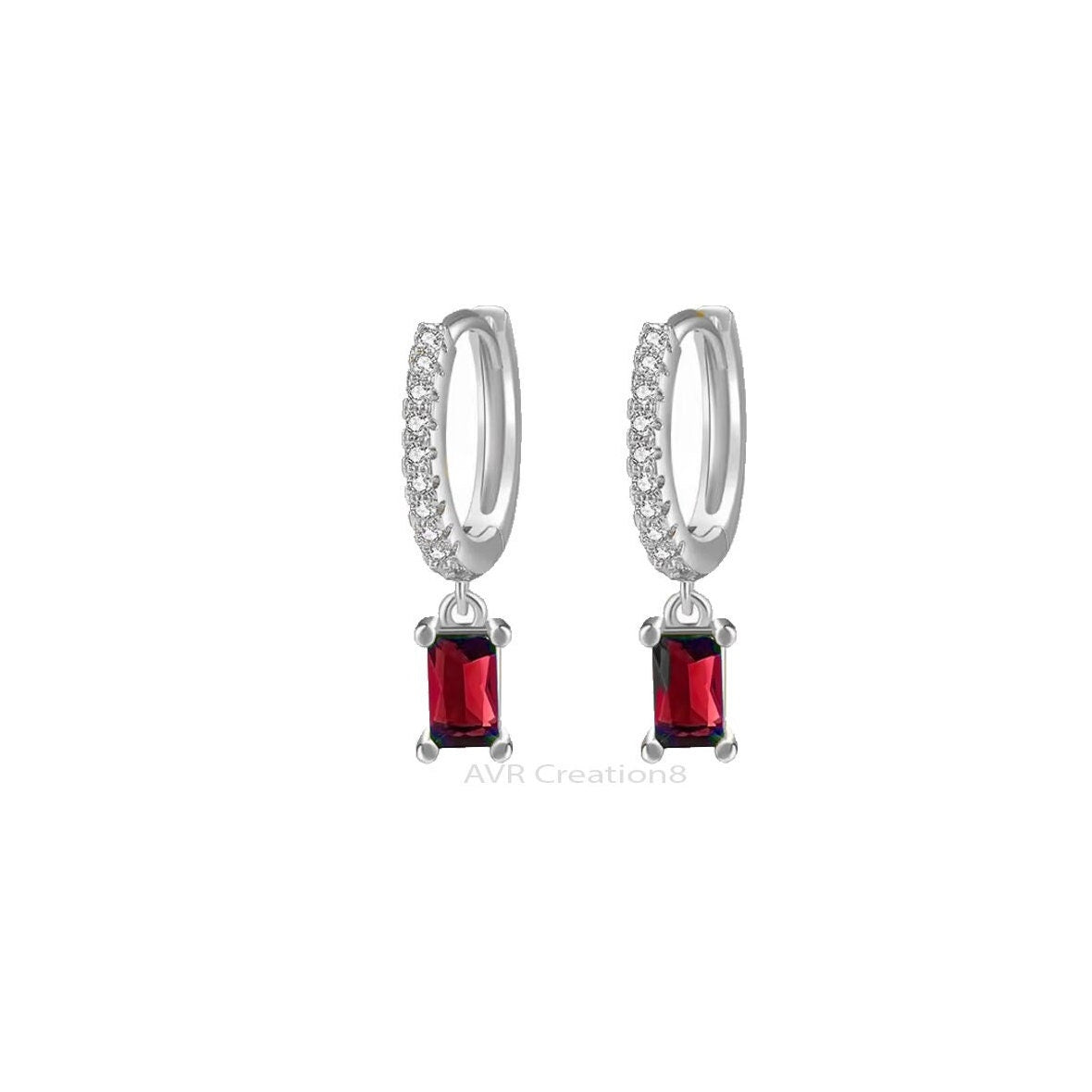 Red Ruby & Diamond Drop Dangle Earrings, Red Stone Earrings, Women Minimalist Earrings, 14K White Gold Plated, Mother's Day Gifts For Mom