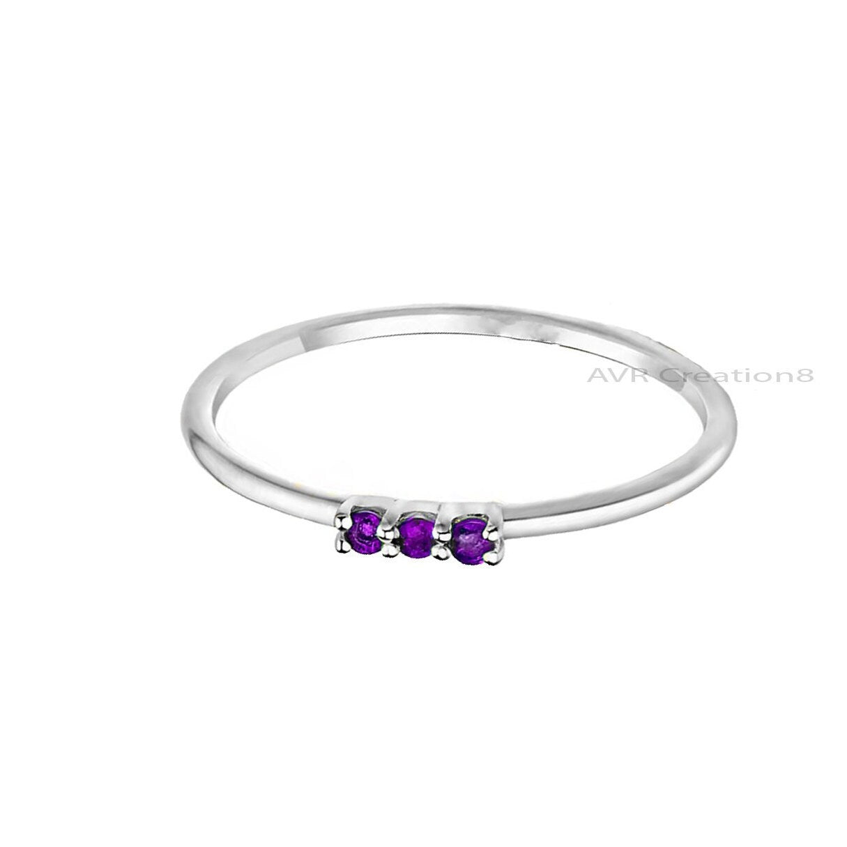 Dainty Purple Amethyst Engagement Ring, Three Stone Ring, Purple Gemstone Ring, Silver Promise Band, Handmade Thin Ring, Mothers Day Gifts