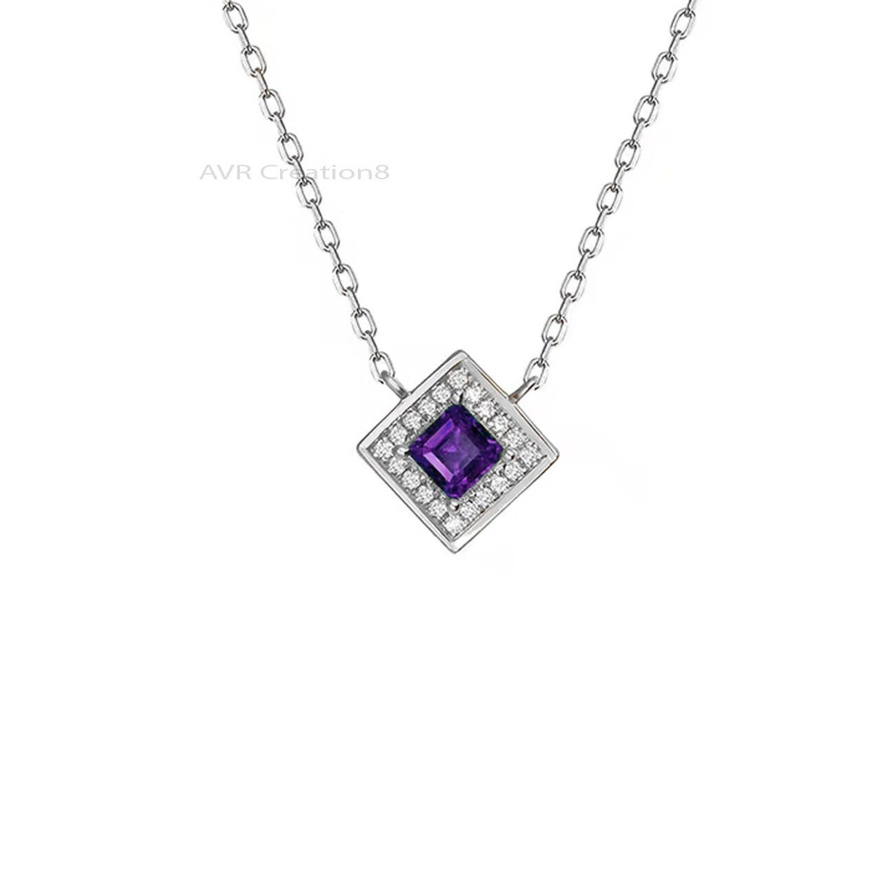 Square Shape Amethyst & Diamond Pendant Necklace, Diamond Pendant, 14K White Gold Plated, Handmade Pendant Necklace, Pendant For Women