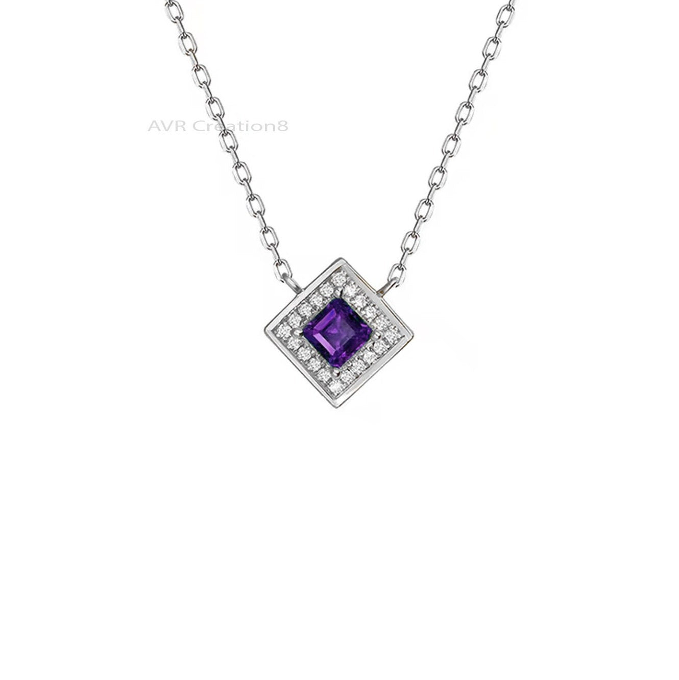 Square Shape Amethyst & Diamond Pendant Necklace, Diamond Pendant, 14K White Gold Plated, Handmade Pendant Necklace, Pendant For Women