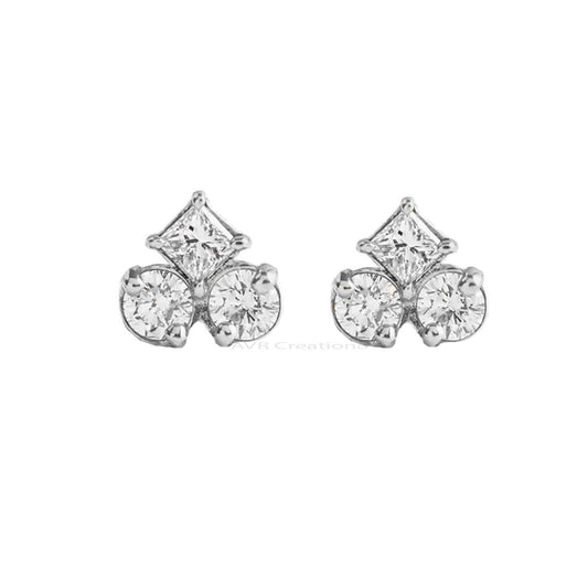 Three Stone Diamond Stud Earrings, Round & Princess Cut Earrings, Dainty Stud Earrings, 14K White Gold Plated, Mothers Day Gifts For Mom