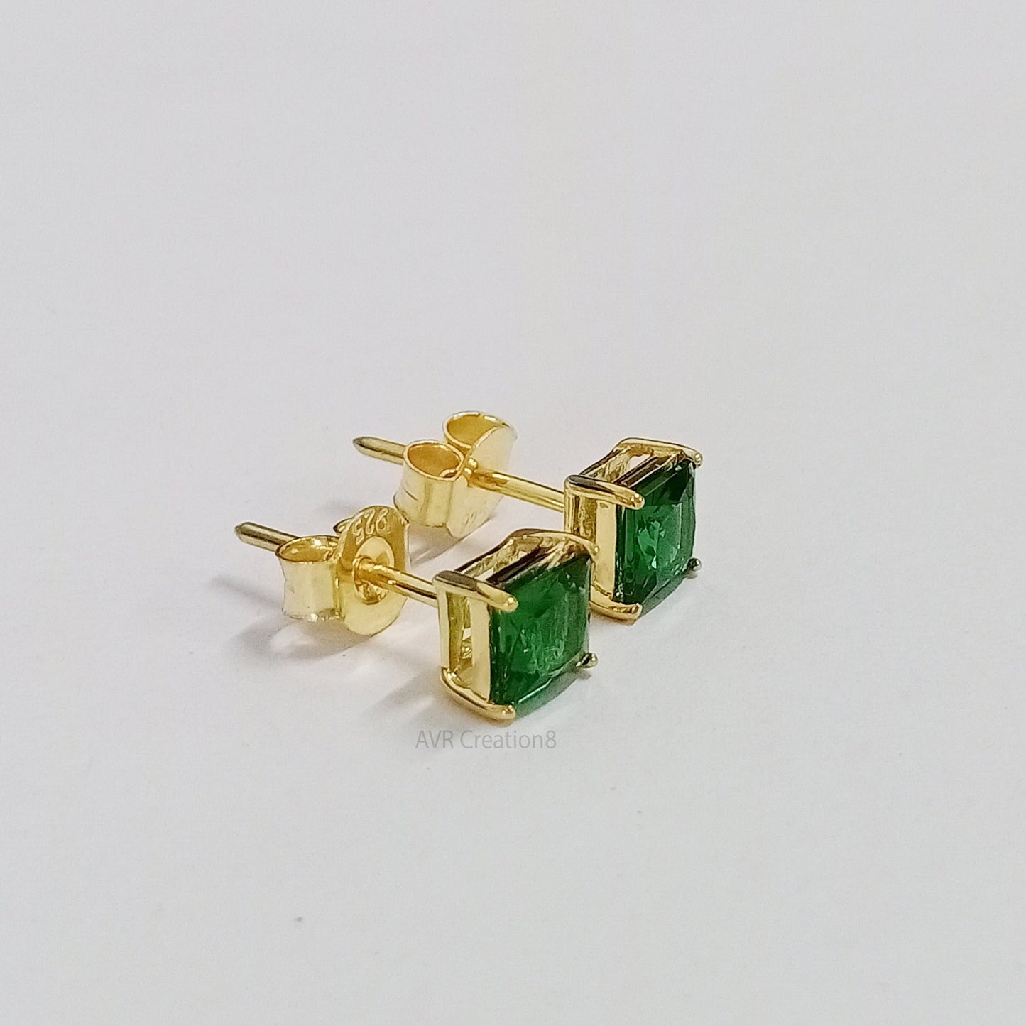 Emerald Green Stud Earrings | Square Cut Green Studs | 14k Gold Plated 925 Sterling Silver | Dainty Everyday Earrings | Gift for Her