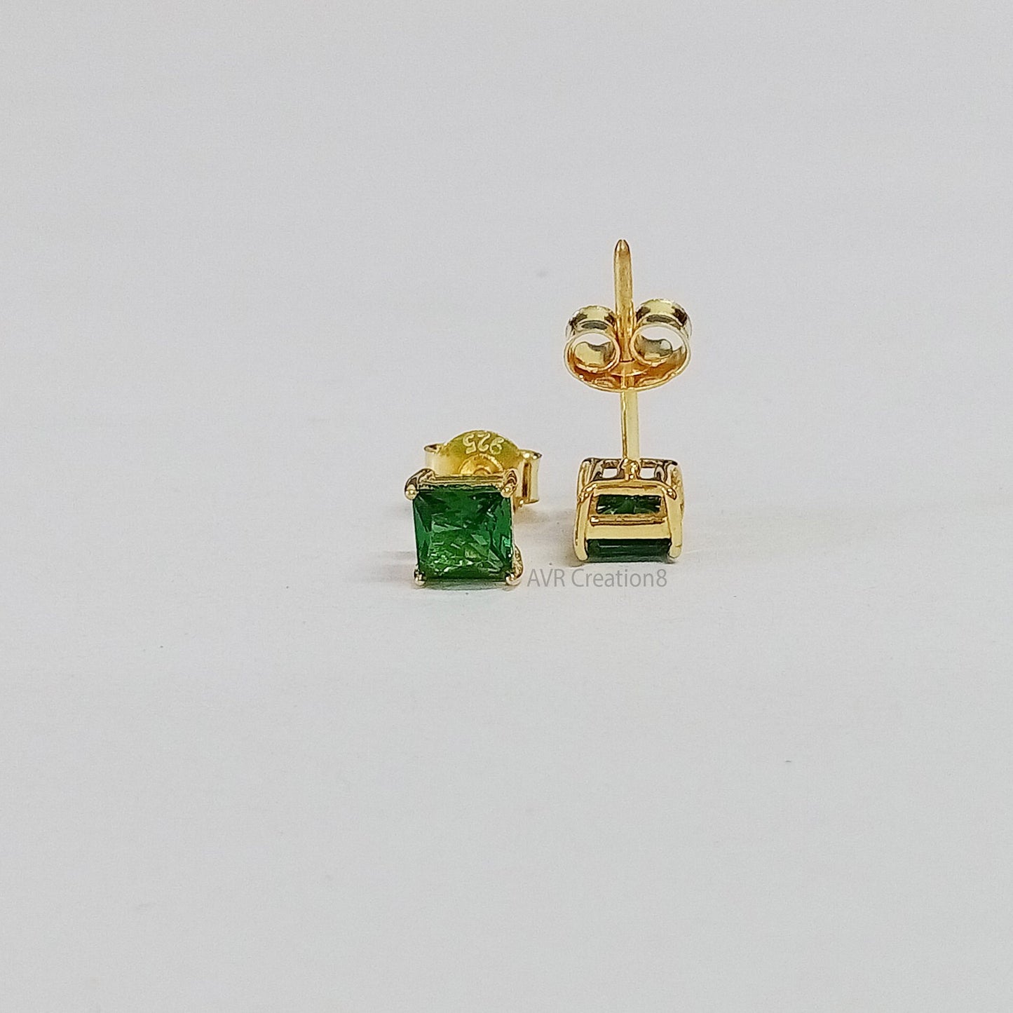 Emerald Green Stud Earrings | Square Cut Green Studs | 14k Gold Plated 925 Sterling Silver | Dainty Everyday Earrings | Gift for Her