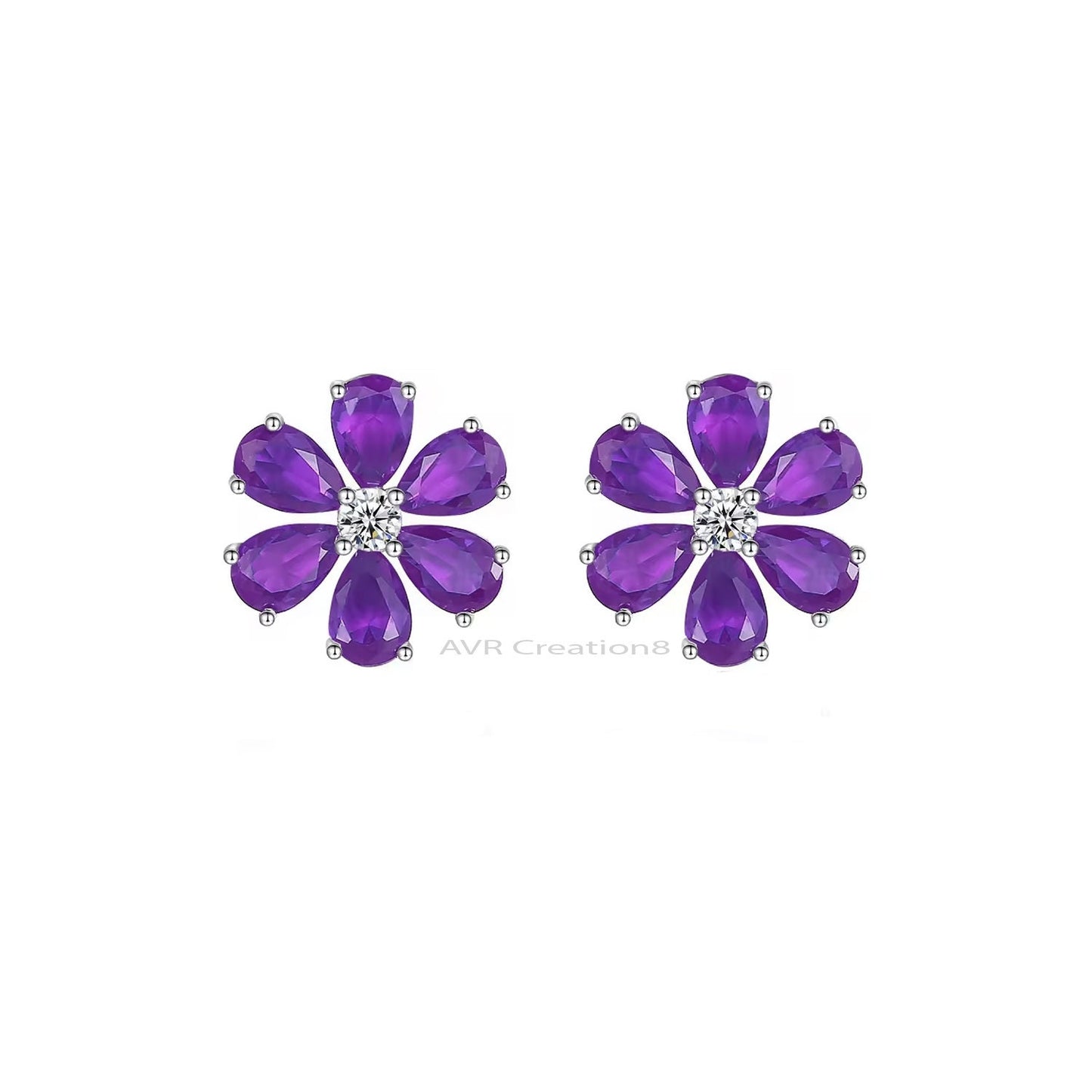 Flower Halo Amethyst earrings, Amethyst Stud Earrings, Stud Earrings For Women, February Birthstone Pushback Earrings, 925 Sterling Silver