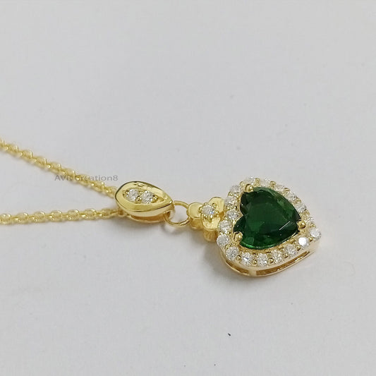 Green Emerald Heart Necklace, Gold Heart Pendant, Dainty Gemstone Halo Necklace, May Birthstone Gift, Romantic Anniversary Gift for Her