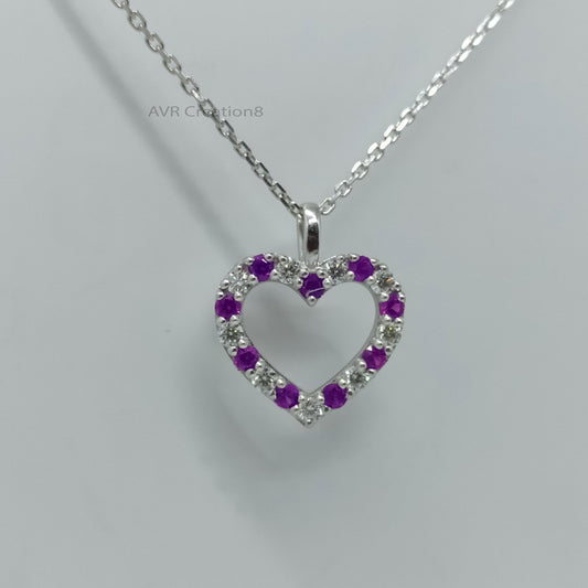 Heart Amethyst Women's Necklace Pendant, Purple Gemstone Pendant, Open Amethyst & Diamond Necklace, 925 Sterling Silver, Gift For Girlfriend
