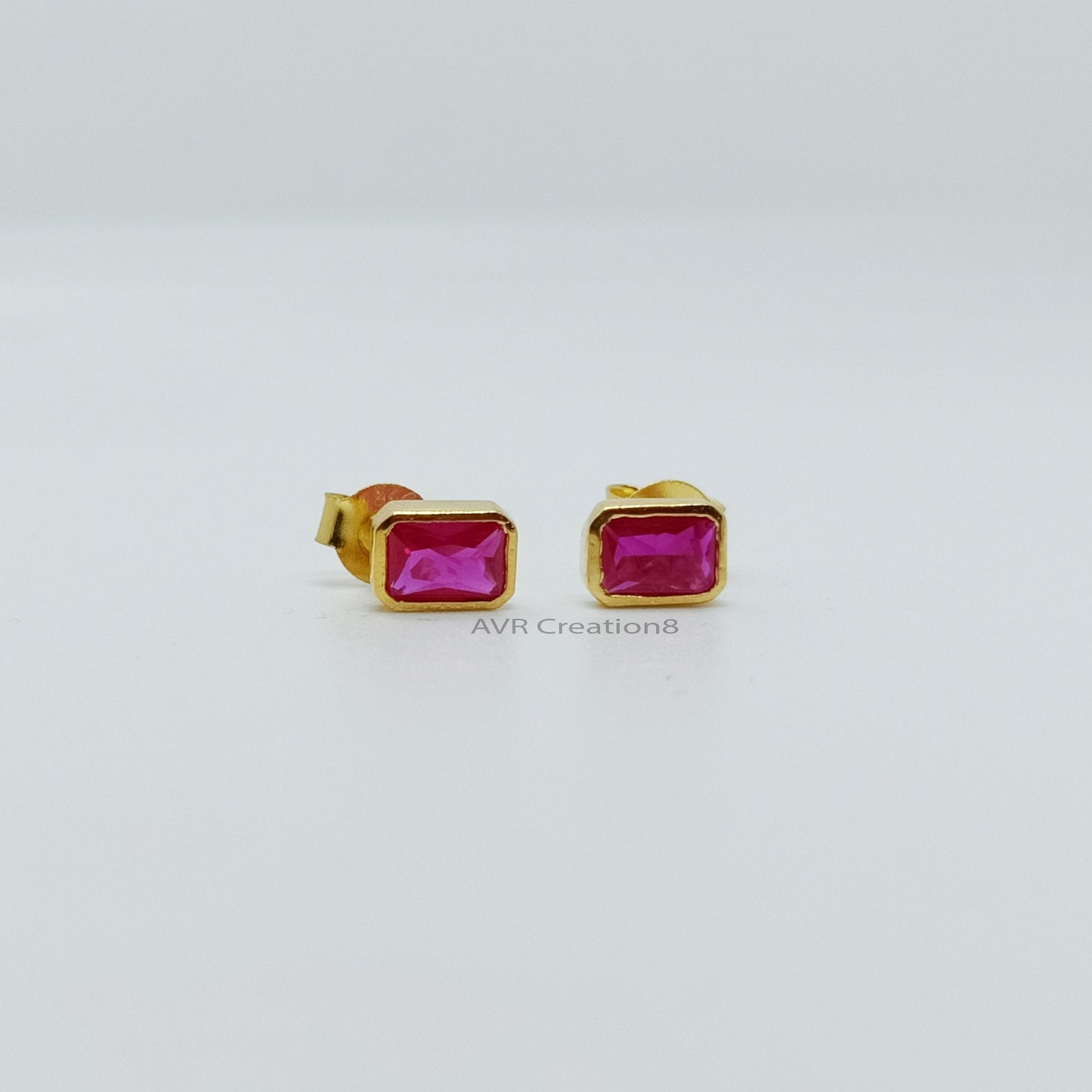 Bezel Set Pink Ruby Emerald Cut Stud Earrings | Dainty Gemstone Studs | 925 Sterling Silver | Pink Birthstone Gifts | Gifts For Girlfriend