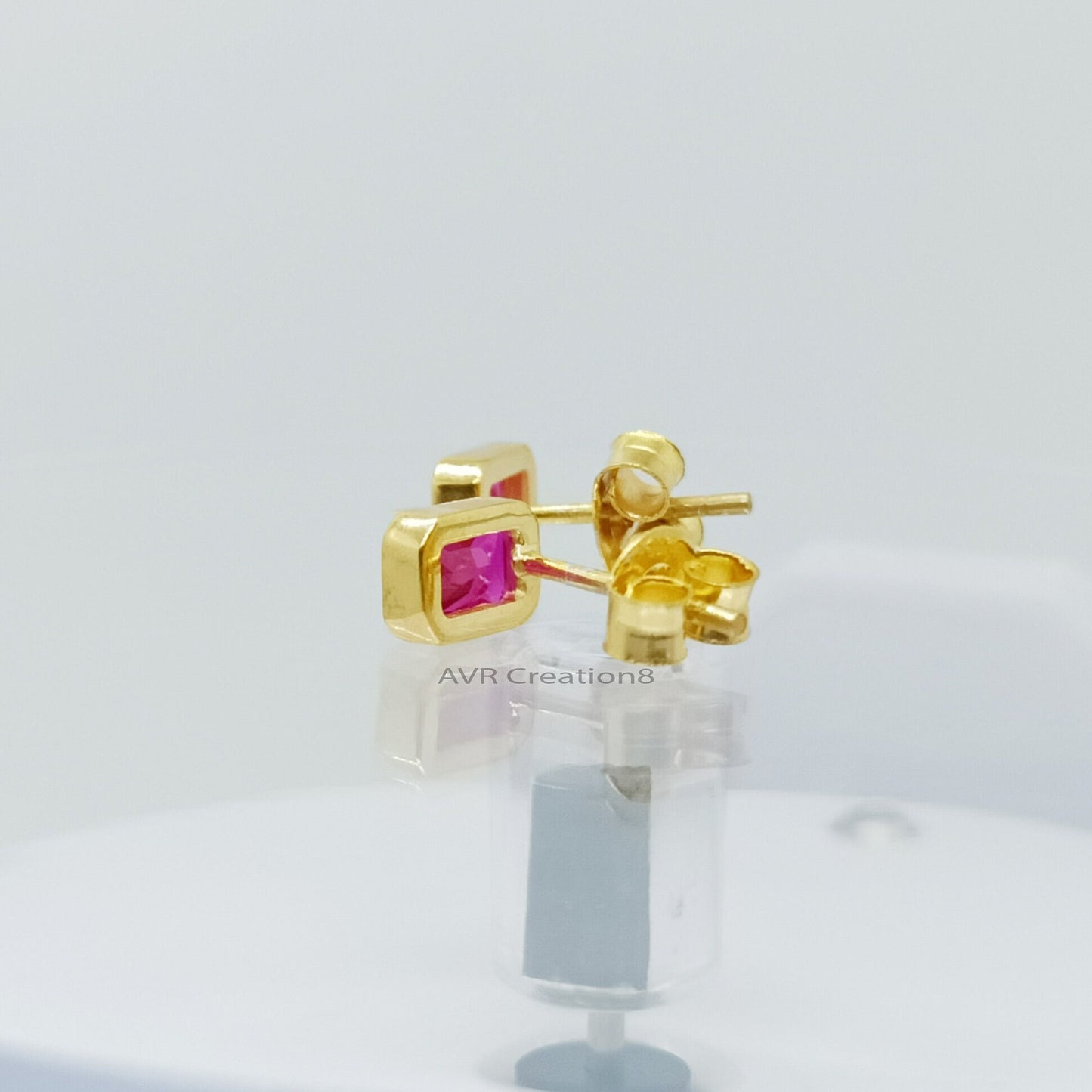 Bezel Set Pink Ruby Emerald Cut Stud Earrings | Dainty Gemstone Studs | 925 Sterling Silver | Pink Birthstone Gifts | Gifts For Girlfriend
