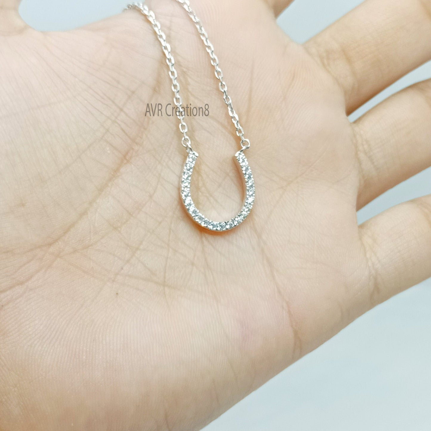 Diamond Horseshoe Necklace, Dainty Chain Horseshoe Necklace, Charm Good Luck Pendant, 14K White Gold Plated, Mothers Day Gifts For Mom