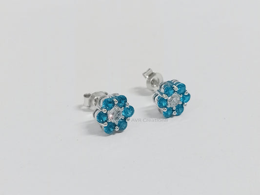 Flower Shape Blue Topaz Stud Earrings, Topaz & Diamond Earrings, Gemstone Earring, Blue Birthstone Earrings, Handmade Gifts, Gift For Women