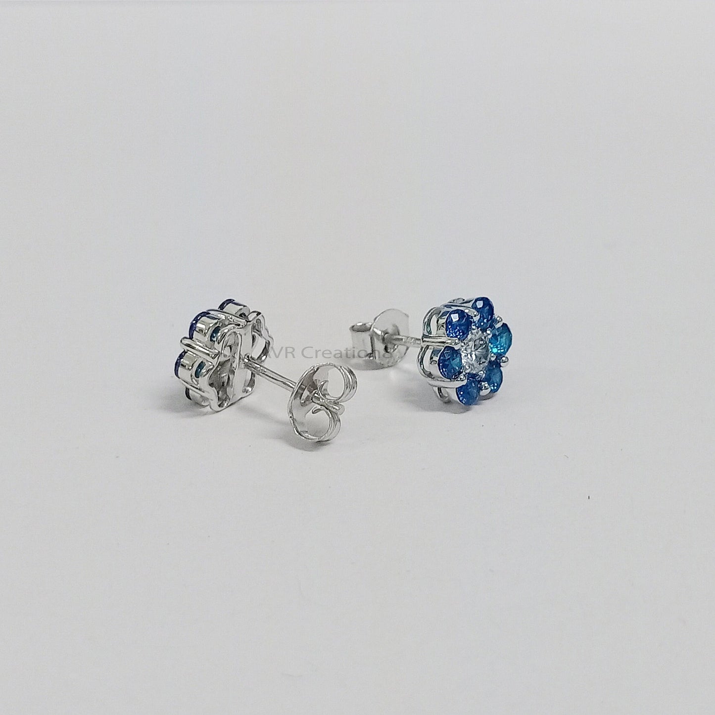 Blue Sapphire Round Halo Earrings | Floral Stud Earrings | September Birthstone Earrings | 925 Sterling Silver | Bridesmaid Gift for Her