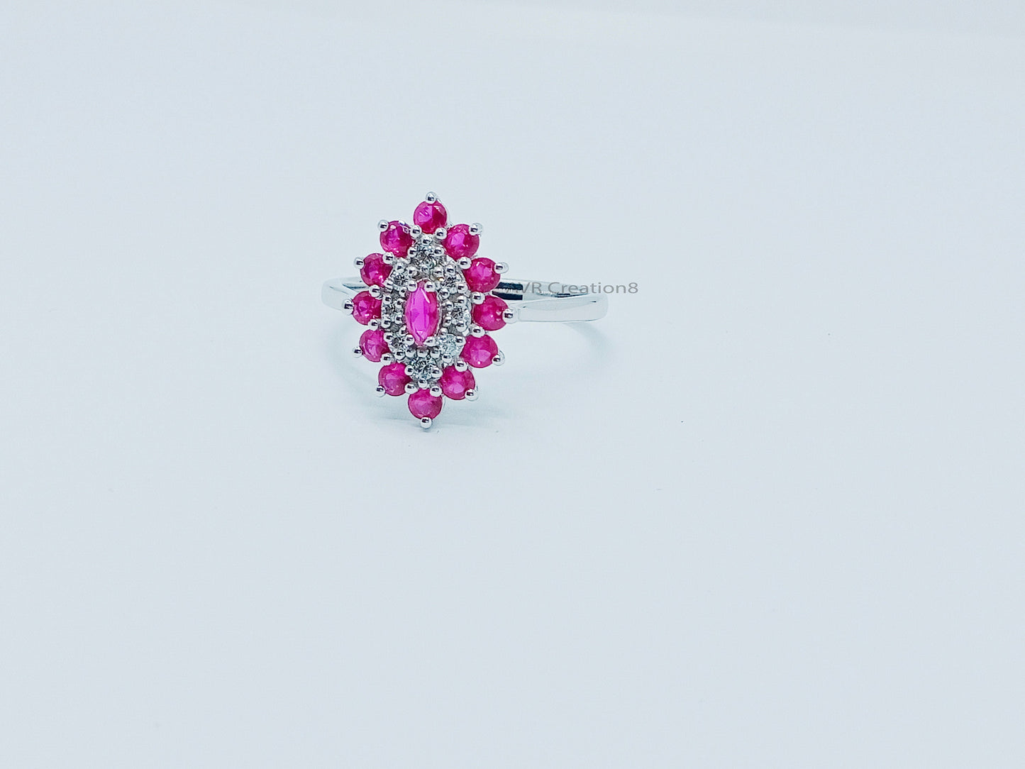 Pink Ruby & Diamond Engagement Wedding Band Ring | Dainty Round Cut Ruby Diamond Ring | 925 Sterling Silver | Minimalist Ring For Women