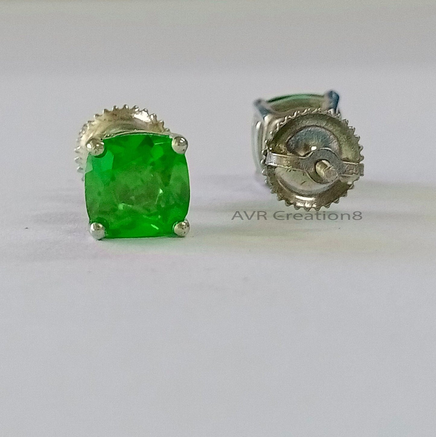 Cushion Cut Green Emerald Solitaire Stud Earrings, May Birthstone Earrings, Minimalist Gemstone Earrings, 925 Sterling Silver, Gifts For Her
