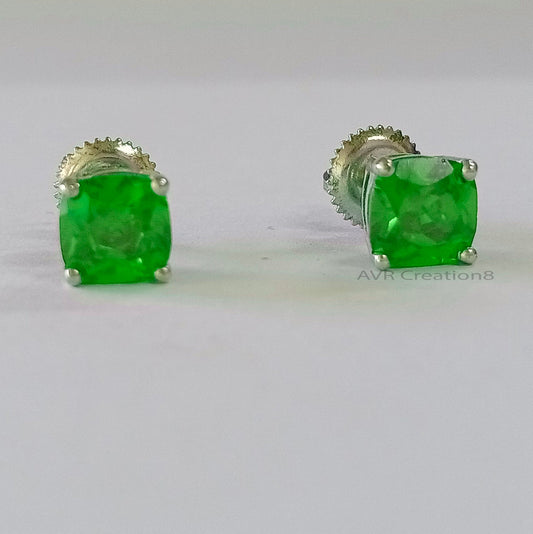 Cushion Cut Green Emerald Solitaire Stud Earrings, May Birthstone Earrings, Minimalist Gemstone Earrings, 925 Sterling Silver, Gifts For Her