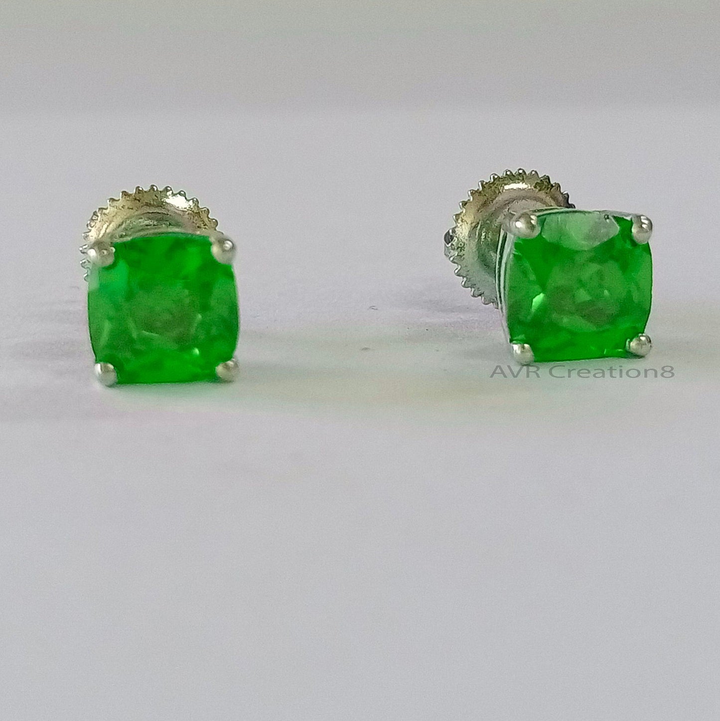 Cushion Cut Green Emerald Solitaire Stud Earrings, May Birthstone Earrings, Minimalist Gemstone Earrings, 925 Sterling Silver, Gifts For Her
