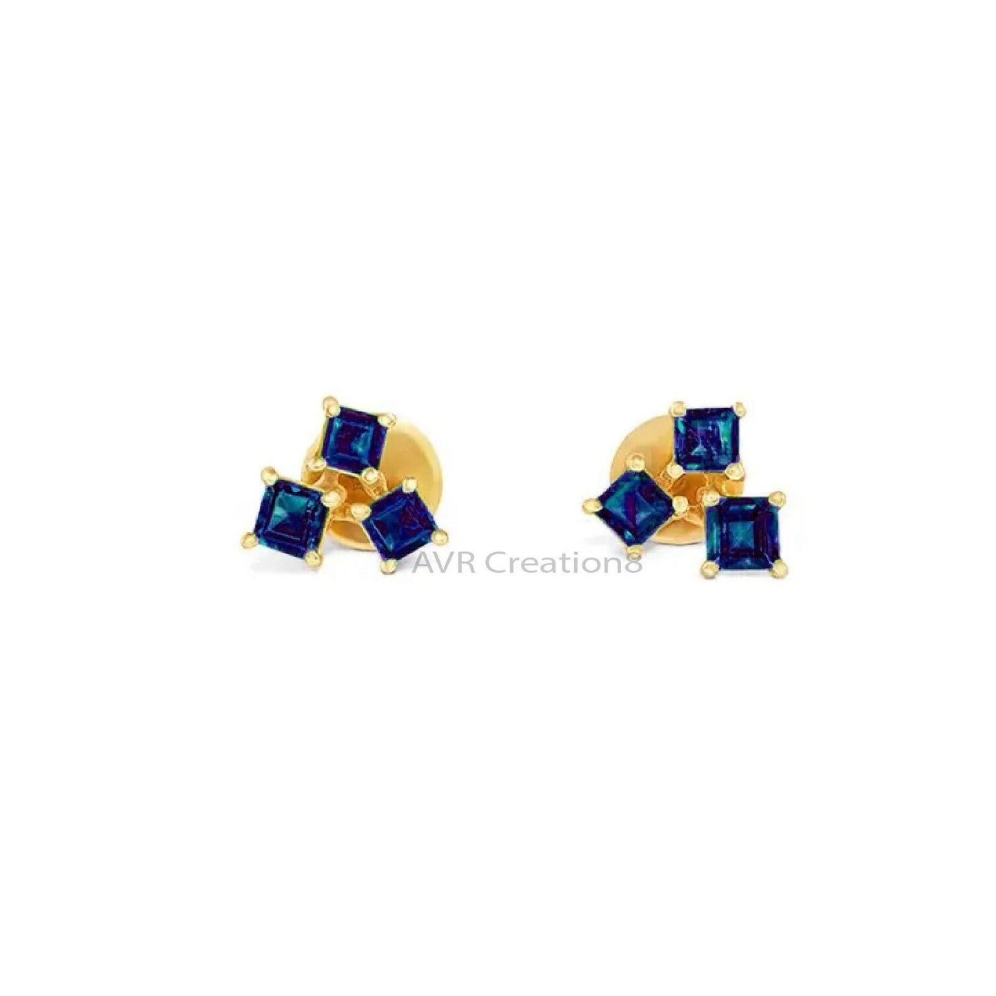 Princess Cut Blue Sapphire Stud Earrings, September Birthstone Earrings, 14k Yellow Gold Plated, Push Back Earrings, Earrings For women