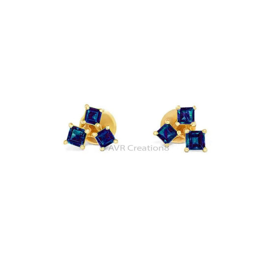 Princess Cut Blue Sapphire Stud Earrings, September Birthstone Earrings, 14k Yellow Gold Plated, Push Back Earrings, Earrings For women