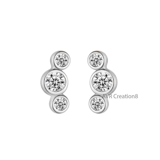 Three Stone Diamond Stud Earrings, Bezel Set Round Stud Earrings, Bezel Diamond Earrings, 14K White Gold Plated, Mother's Day Sale, Gifts