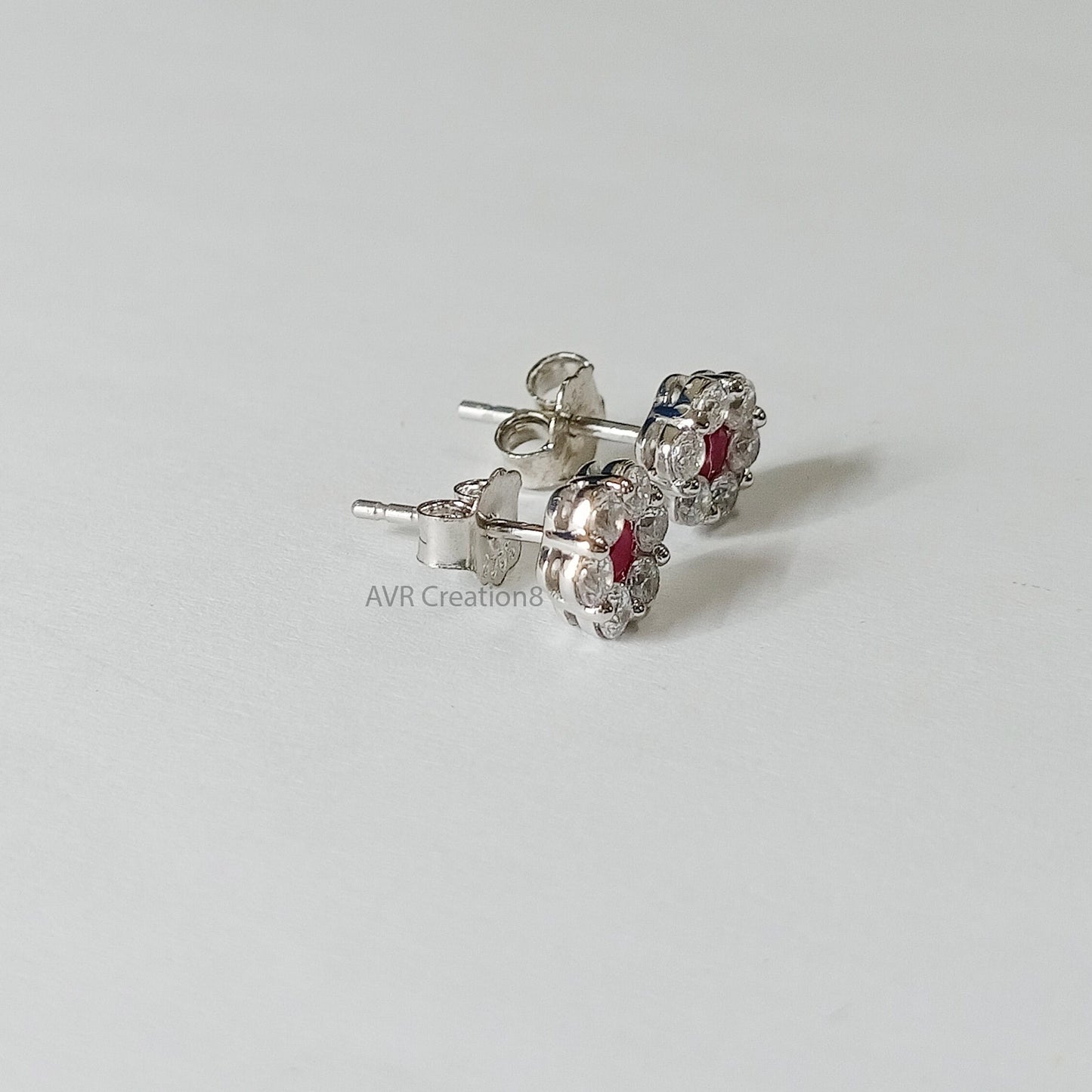 Dainty Stud Earrings, Ruby & Diamond Halo Stud Earrings, Flower Stud Earrings, Diamond Earrings, Gemstone Earrings, Anniversary Gift For Her