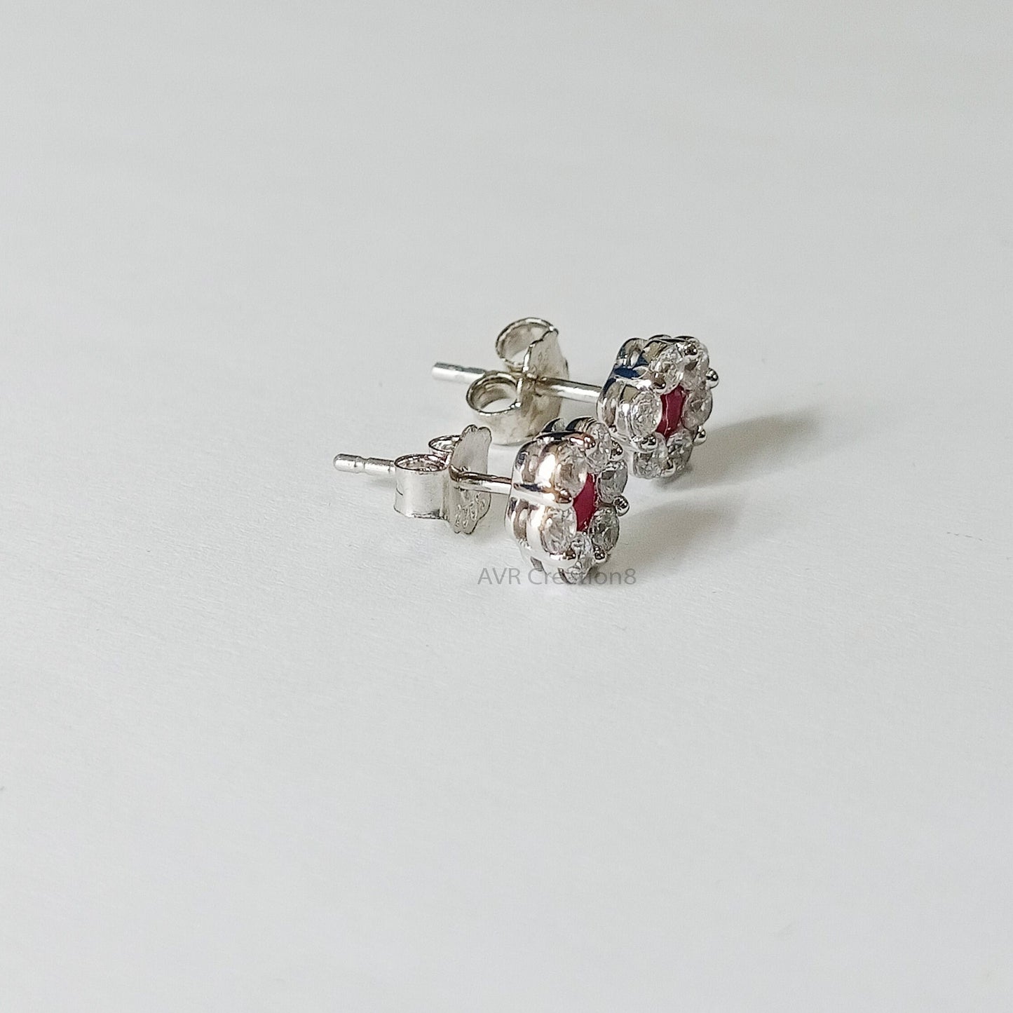 Dainty Stud Earrings, Ruby & Diamond Halo Stud Earrings, Flower Stud Earrings, Diamond Earrings, Gemstone Earrings, Anniversary Gift For Her