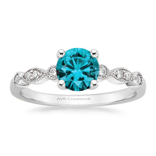 Blue Topaz & Diamond Round Cut Engagement Ring, Stacking Ring, Blue Gemstone Ring, 925 Sterling Silver, Rings For Women, Anniversaary Gifts