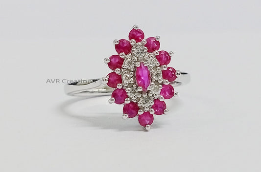 Pink Ruby & Diamond Engagement Wedding Band Ring | Dainty Round Cut Ruby Diamond Ring | 925 Sterling Silver | Minimalist Ring For Women