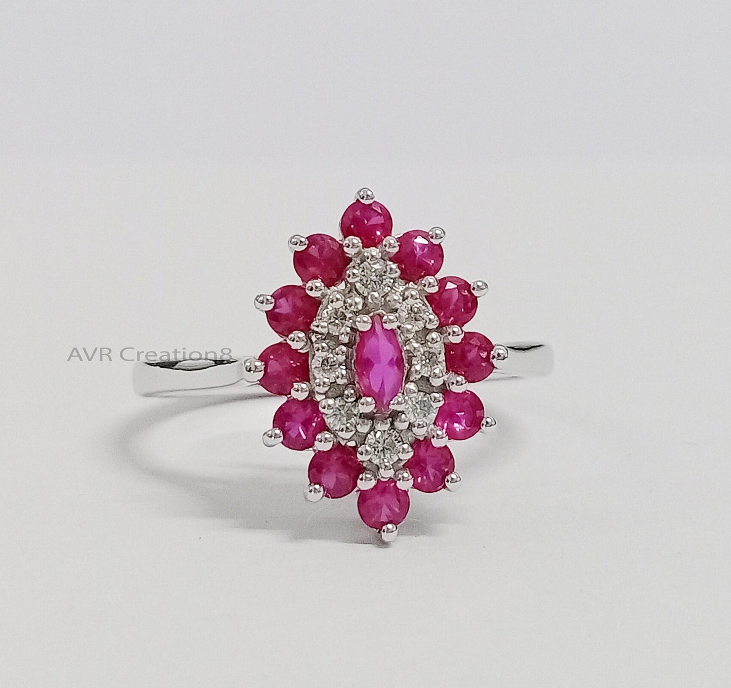 Pink Ruby & Diamond Engagement Wedding Band Ring | Dainty Round Cut Ruby Diamond Ring | 925 Sterling Silver | Minimalist Ring For Women