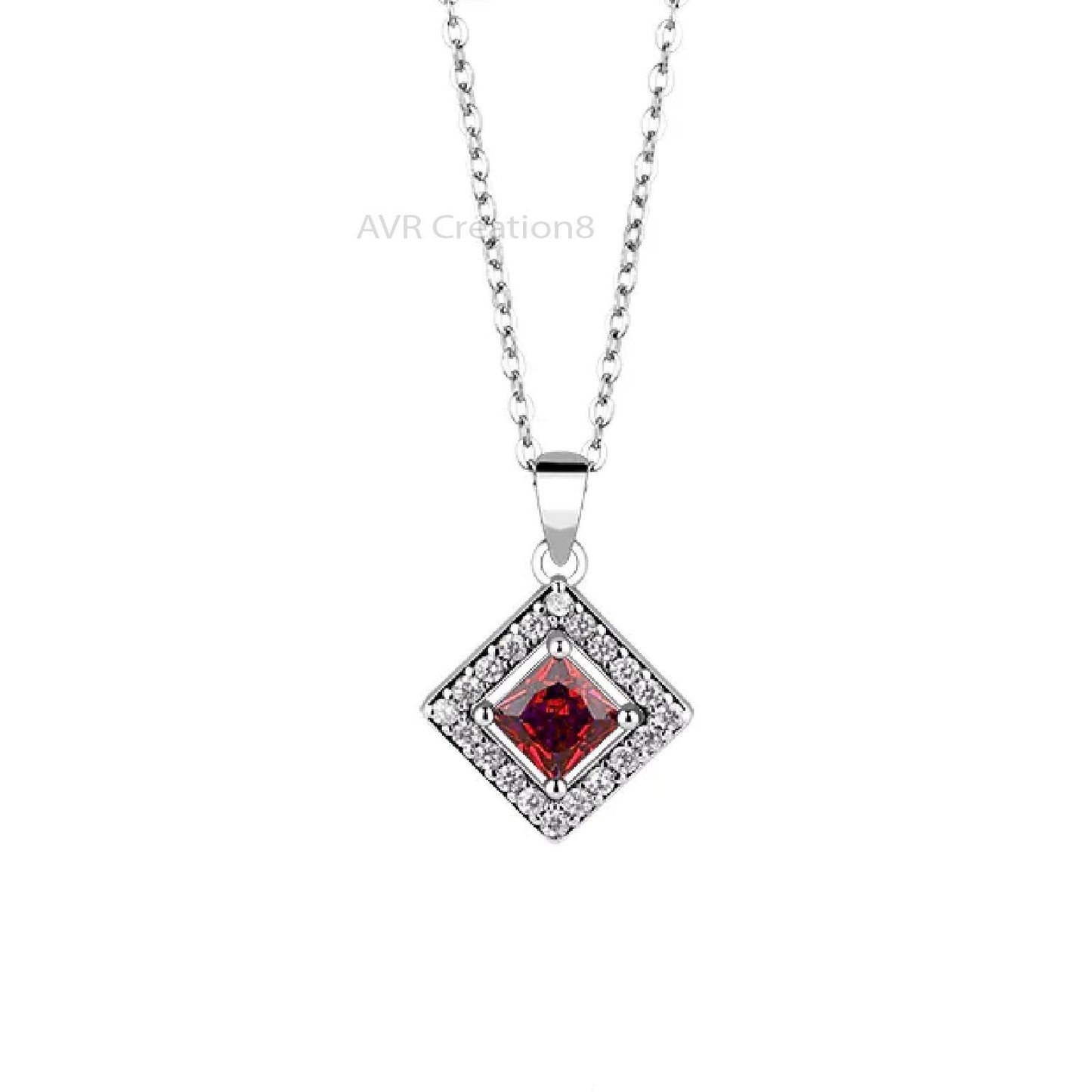 Square Diamond Necklace Pendant, Garnet & Diamond Pendant, Princess Cut Pendant, Minimalist Pendant, 14K White Gold Plated, Anniversary Gift