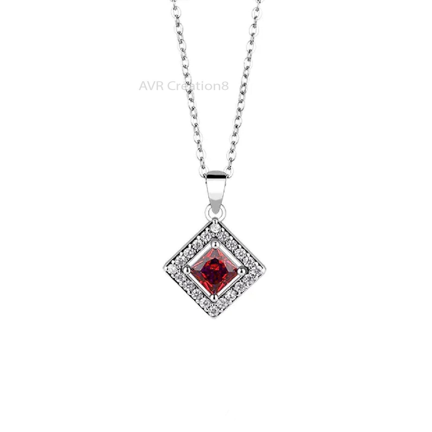 Square Diamond Necklace Pendant, Garnet & Diamond Pendant, Princess Cut Pendant, Minimalist Pendant, 14K White Gold Plated, Anniversary Gift