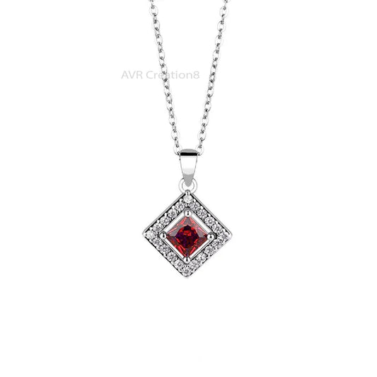 Square Diamond Necklace Pendant, Garnet & Diamond Pendant, Princess Cut Pendant, Minimalist Pendant, 14K White Gold Plated, Anniversary Gift
