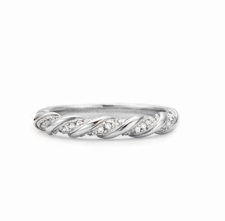 Diamond Twisted Wedding Band, Eternity Wedding Band, Cluster Dainty Diamond Ring, Minimalist Moissanite Stackable Band, Silver Band for Mom