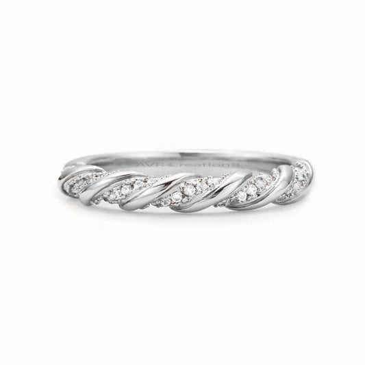 Diamond Twisted Wedding Band, Eternity Wedding Band, Cluster Dainty Diamond Ring, Minimalist Moissanite Stackable Band, Silver Band for Mom