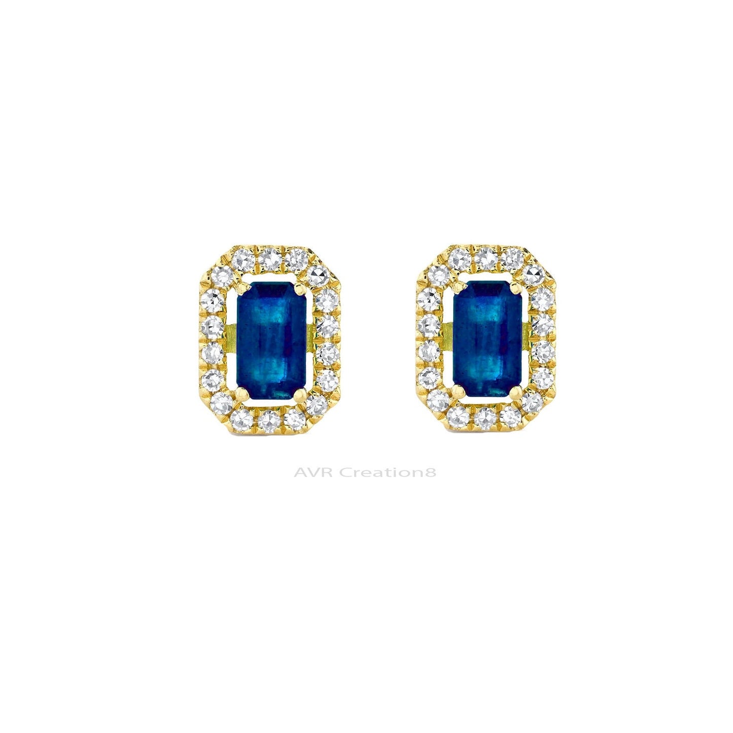 Sapphire & Diamond Stud Earrings, Rectangle Stud Earrings, Gemstone Earrings, Earrings For Her, 925 Sterling Silver, Gifts For Girlfriend