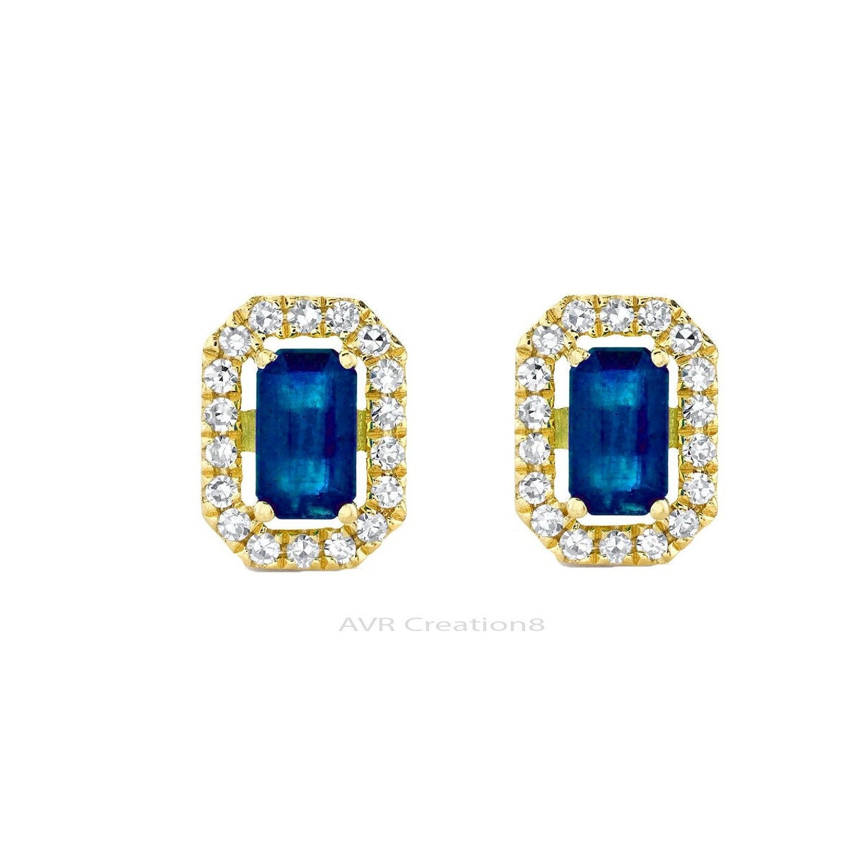 Sapphire & Diamond Stud Earrings, Rectangle Stud Earrings, Gemstone Earrings, Earrings For Her, 925 Sterling Silver, Gifts For Girlfriend