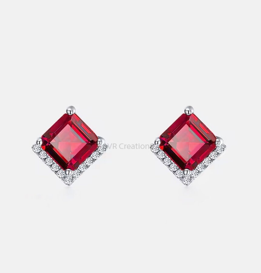 Princess Cut Garnet Earrings, January Birthstone Red Gemstone Stud Earring, Earrings For Women, 925 Sterling Silver, Pushback Earrings 1.3CT