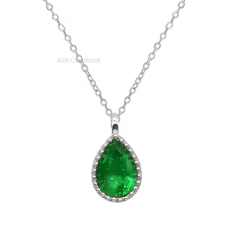 Emerald Pendant Necklace, Teardrop Shape Single Stone Pendant, Gemstone Pendant, 925 Sterling Silver, Pendant For Women, Gift for Mom