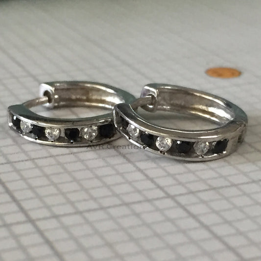 Black & White Diamond Hoop Earrings, Round Diamond Hoop Earrings, Dainty Huggie Hoop Earrings, 14K White Gold Black Diamond Earrings, Gifts
