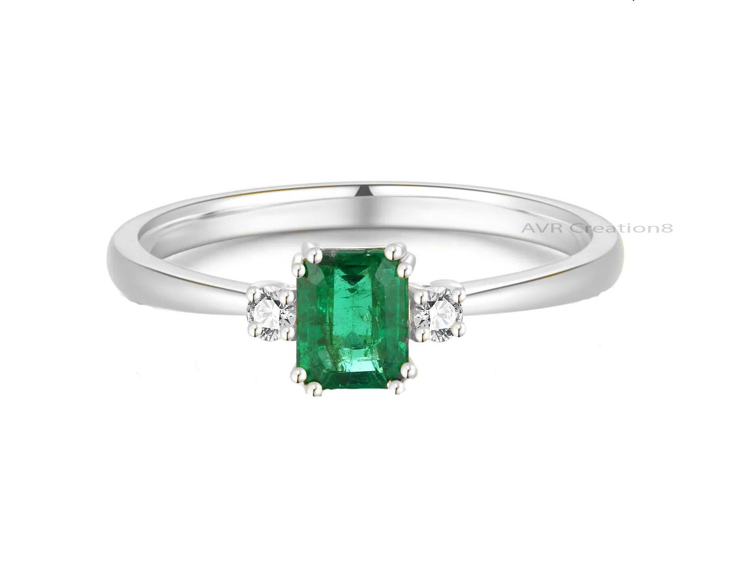 Green Emerald Engagement Ring, Green Gemstone Ring, Three Stone Diamond Ring, Stackable Rings, 925 Sterling Silver, Anniversary Gifts