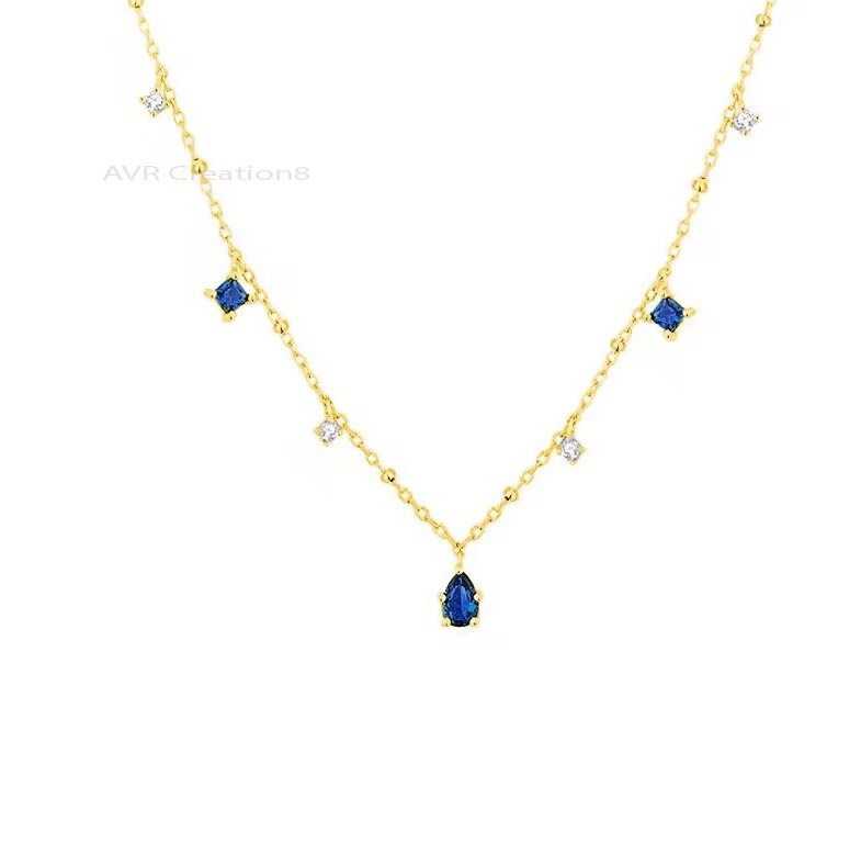 Blue Sapphire & Diamond Pendant Necklace, Station Pendant Necklace, Blue Birthstone Pendant, 925 Sterling Silver, Anniversary Gifts For Her