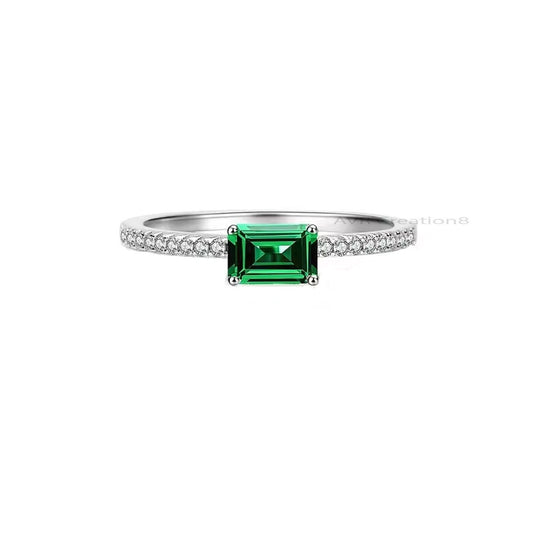 Emerald Cut Green Emerald & Diamond Engagement Ring, Solitaire Ring, Stackable Ring, 925 Sterling Silver, Rings For Women, Anniversaary Gift