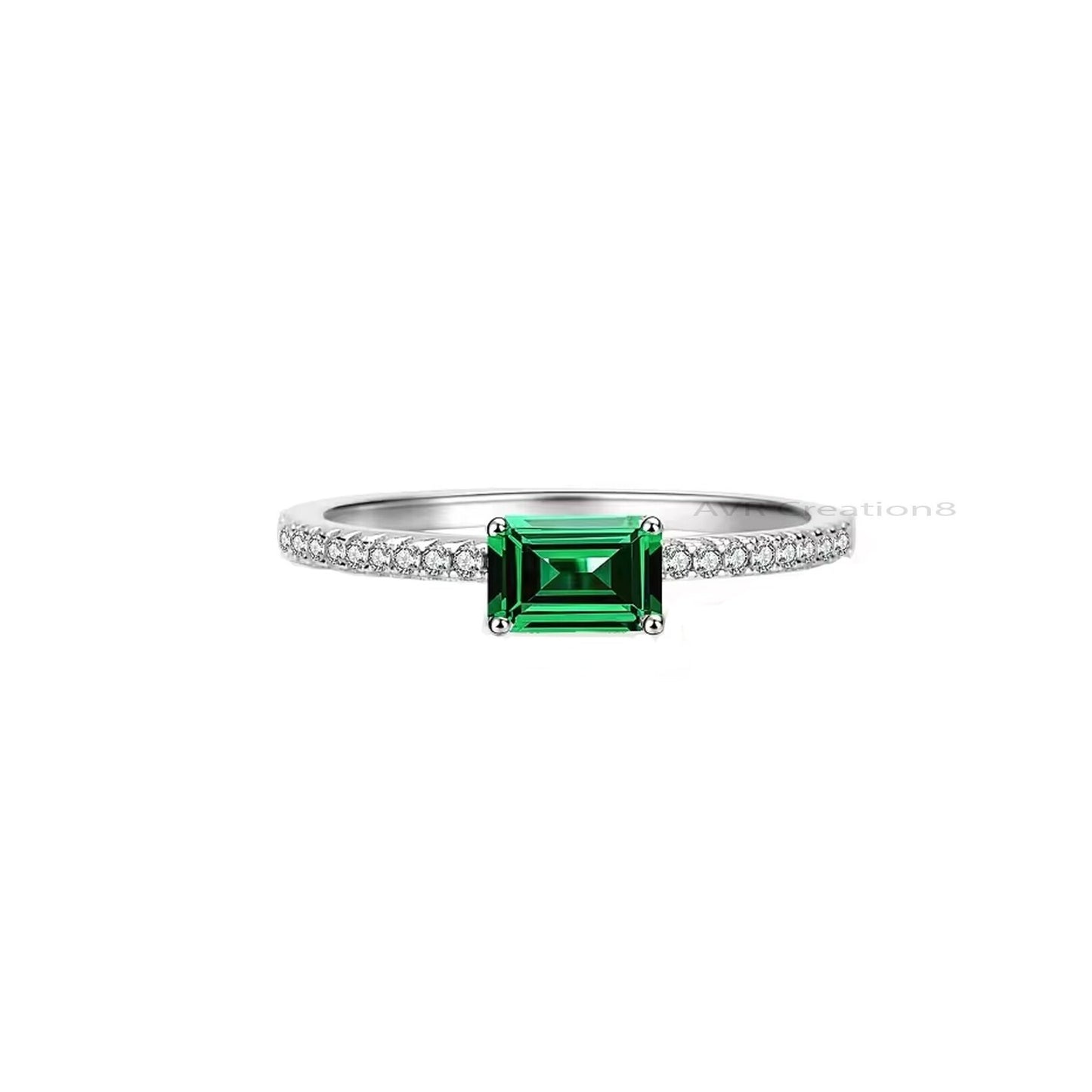 Emerald Cut Green Emerald & Diamond Engagement Ring, Solitaire Ring, Stackable Ring, 925 Sterling Silver, Rings For Women, Anniversaary Gift