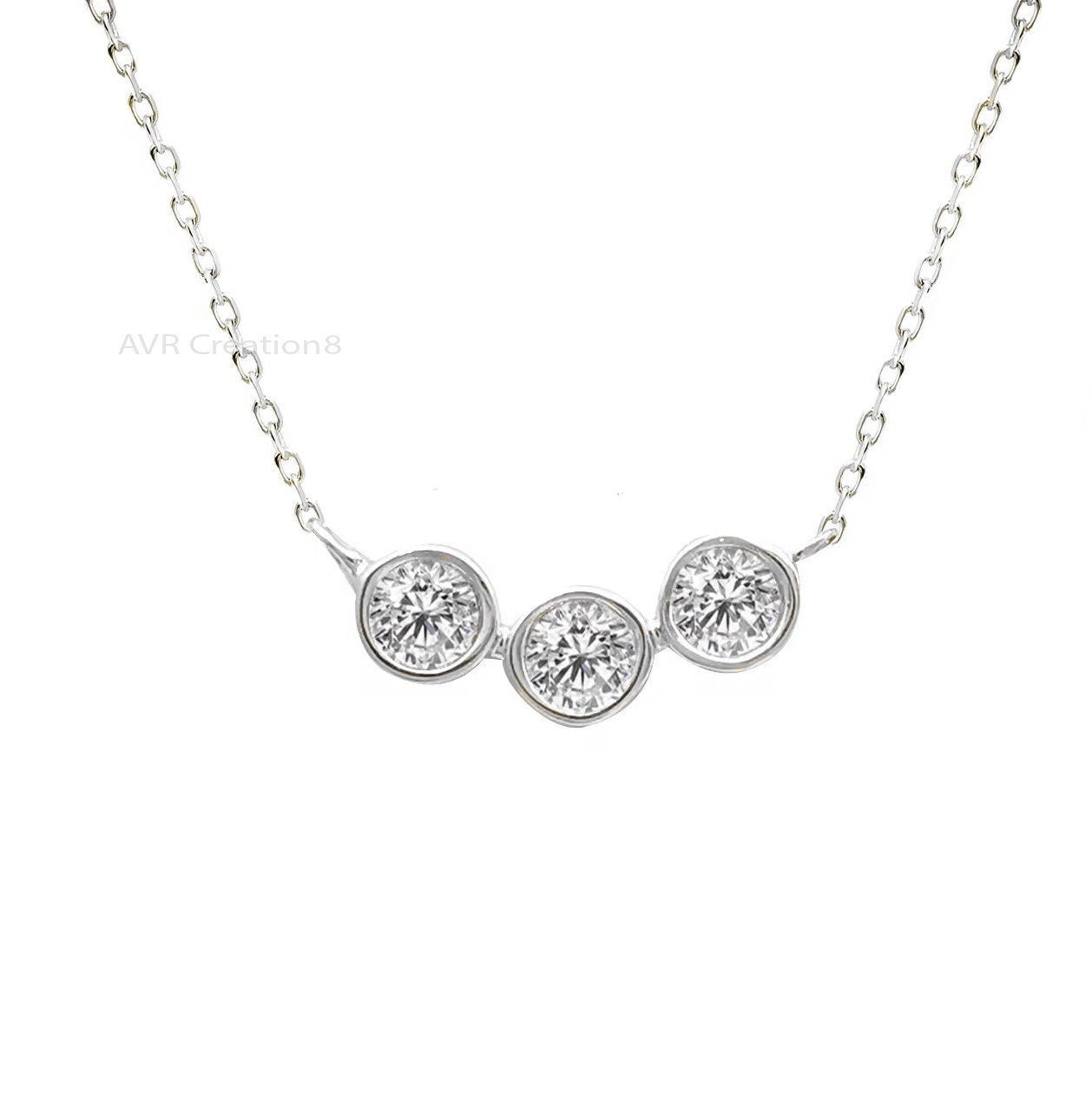 Bezel Set Trio Diamond Necklace Pendant, Three Stone Pendant, Everyday Use Pendant, 14K White Gold Plated, Handmade Gifts, Gifts For  Her