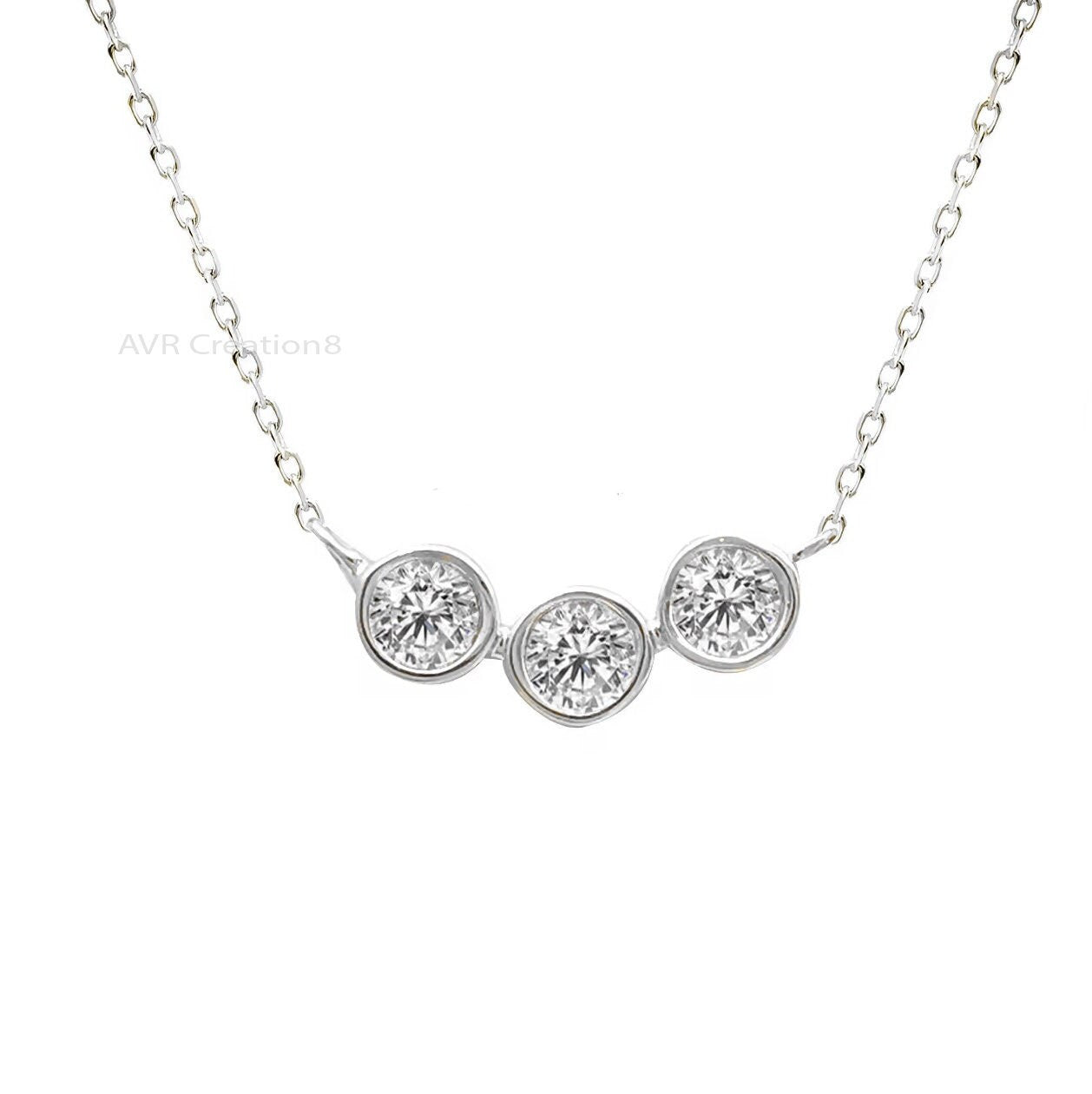 Bezel Set Trio Diamond Necklace Pendant, Three Stone Pendant, Everyday Use Pendant, 14K White Gold Plated, Handmade Gifts, Gifts For  Her