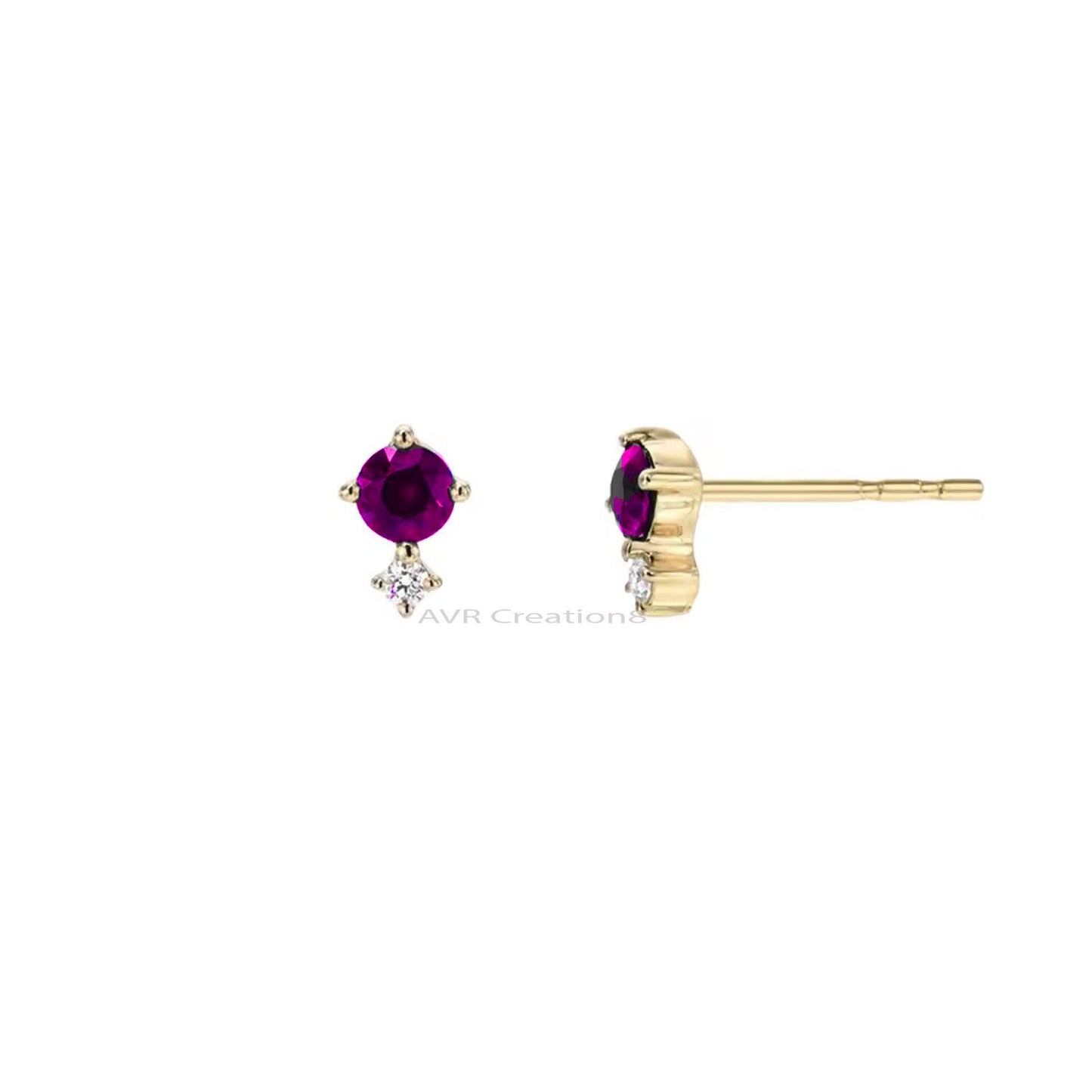 Amethyst & Diamond Round Cut Dainty Stud Earrings For Women, Birthstone Earrings, 925 Sterling Silver, Pushback Earrings, Earrings For Her